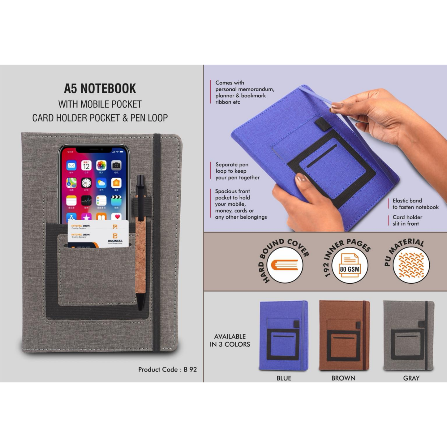 A5 Premium Notebook with Mobile & Card Holder Pocket