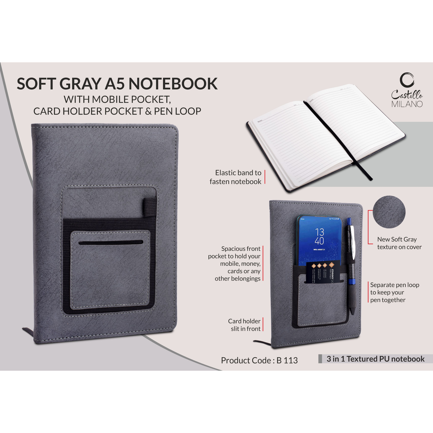 Soft Grey A5 Notebook with Holders